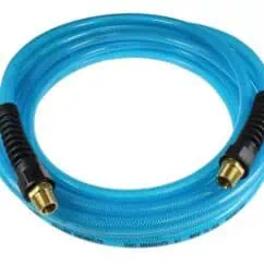 Blue flexible garden hose with brass fittings and black connectors, outdoor water hose for gardening and cleaning.