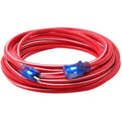 Red extension cord with blue connectors for electrical power supply and testing.