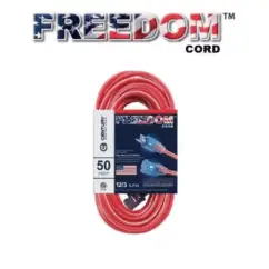 Red Freedom cord with 50-foot length, 12/3 gauge, outdoor weather-resistant power extension with durable NIST-approved design.