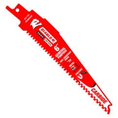 Heavy-duty red and black reciprocating saw blade with Diablo branding, suitable for cutting metal, wood, pipe, and nail-embedded materials, 6 inches long, ideal for general-purpose demolition and construction tasks.