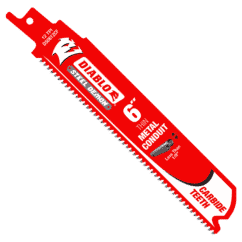 Premium steel demonstration saw blade for cutting metal and steel conduit, featuring thin 1/8 inch carbide teeth for precise, efficient, and durable performance.
