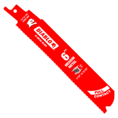 Heavy-duty red scissors blade with "Diablo" logo and specifications for medium metal cutting, 1/16" to 5/16" capacity, ideal for professional and DIY metalworking projects.