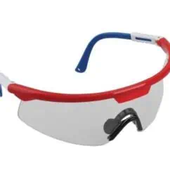 High-tech safety glasses with blue and red frame and anti-glare lens, suitable for industrial or laboratory protection.