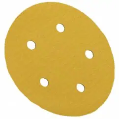 Abrasive sanding disc with five holes for power tools, yellow grinding pad for surface finishing and polishing, industrial abrasive tool for DIY and professional projects.