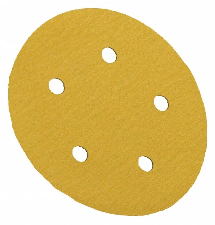 Abrasive sanding disc with five holes for power tools, yellow grinding pad for surface finishing and polishing, industrial abrasive tool for DIY and professional projects.