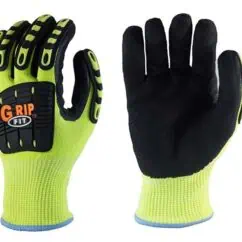 High-visibility safety work gloves with black and neon yellow design, featuring grip enhancements for outdoor and industrial tasks.