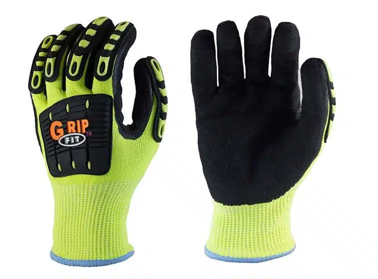 High-visibility safety work gloves with black and neon yellow design, featuring grip enhancements for outdoor and industrial tasks.