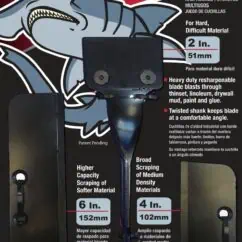 Heavy-duty multi-use hand scraper for thick, hard, and difficult materials with replaceable blades, designed for use with reciprocating saws, featuring a twisted shank for optimal angle.