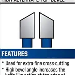 High Alternate Top Bevel (ATB) woodworking saw blade for cross-cutting, featuring a high bevel angle for precise cuts and enhanced edge performance.