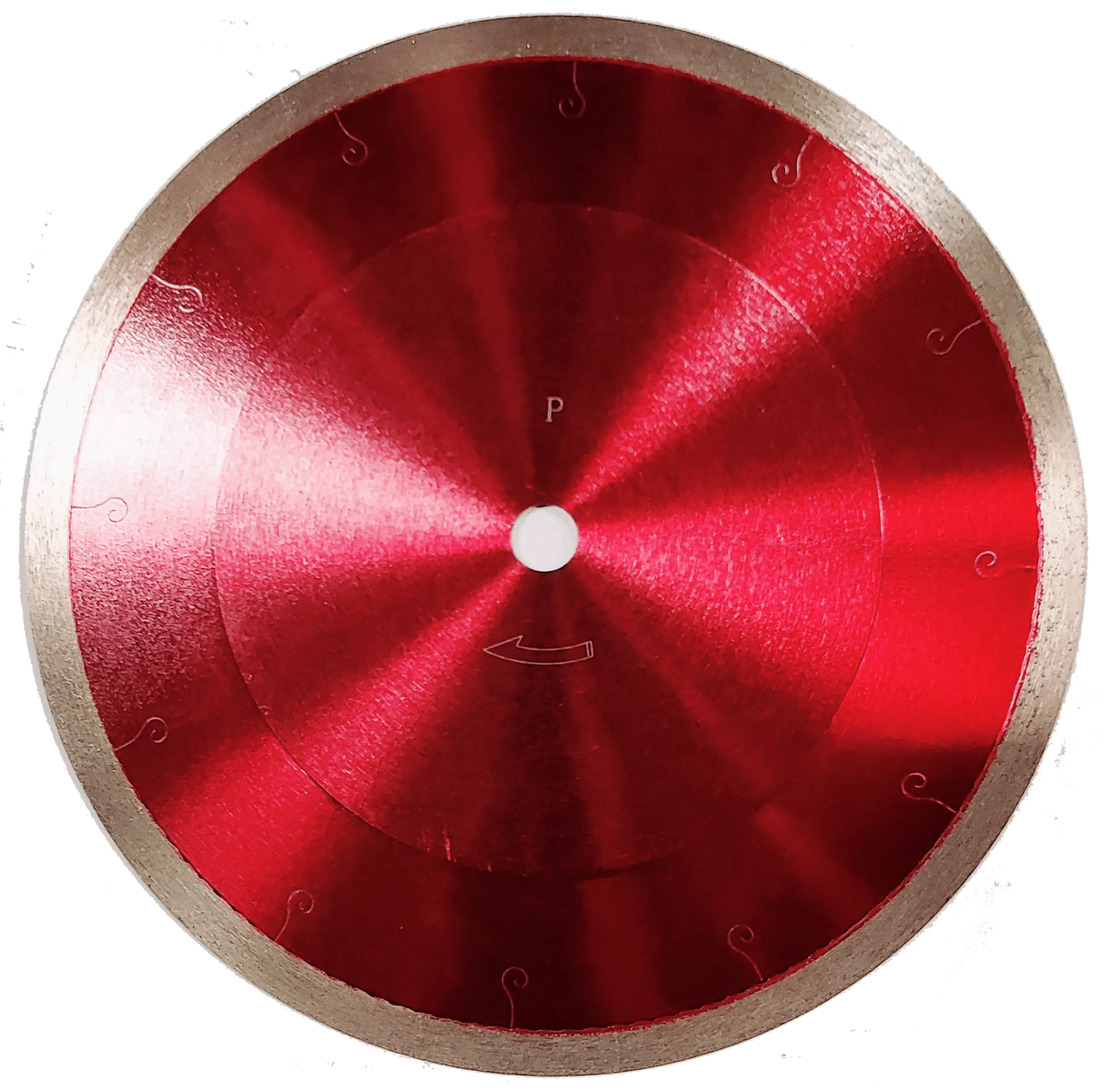 Laser cutting wheel with a red metallic surface, used for precision industrial cutting and manufacturing processes. High-quality tool designed for efficient and accurate cuts in various materials.