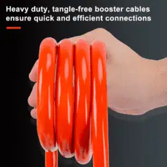 Red booster cables with tangle-free design for quick and efficient connections.