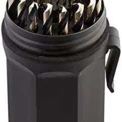 High-quality HSS drill bits arranged in a black storage container for professional metalworking and drilling tasks. Durable, precision-engineered drill set for DIY and industrial use.