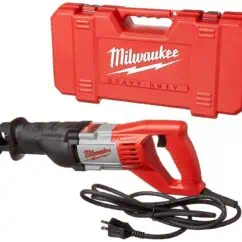 Power tool, Milwaukee reciprocating saw with red carrying case for construction and DIY projects, heavy-duty cordless reciprocating saw, ideal for cutting wood and metal materials.