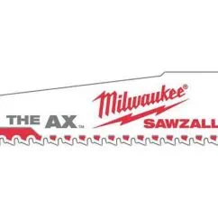 Milwaukee saw blade with red and black branding, designed for cutting wood and metal, featuring the "Sawzall" logo and durable construction for professional carpentry and construction projects.