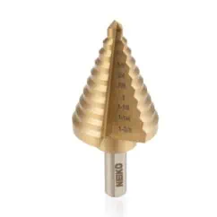 Carbide step drill bit with measurement markings for woodworking and metalworking, featuring a conical design with graduated steps for precision hole sizing.