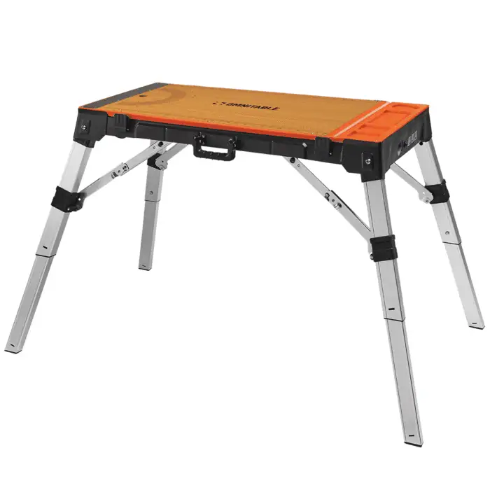 Adjustable folding workbench with non-slip surface and aluminum legs for versatile carpentry and DIY projects.