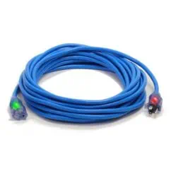 Blue Ethernet cable with LED connectors for network testing and diagnostics.