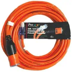 Heavy-duty orange extension cord with ProLock™ connector and ProNock™ connection system for reliable electrical power supply and outdoor use.