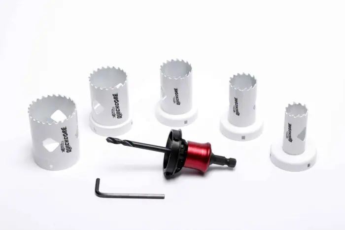 Sawzall reciprocating saw blades with cutting hole saws and a drill bit, designed for heavy-duty construction and demolition projects, available at NIS Tools.