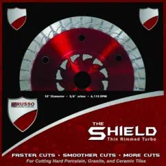 Precision circular saw blade for cutting hard porcelain, granite, and ceramic tiles with a 10-inch diameter, 5/8-inch arbor, and 6,115 RPM, featuring thin rim and turbo design for smooth, fast cuts.