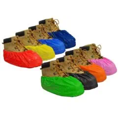 Waterproof hiking boots with colorful gaiters in beige, featuring rugged soles and ankle support for outdoor adventures. Ideal for trekking, camping, and rugged terrain.