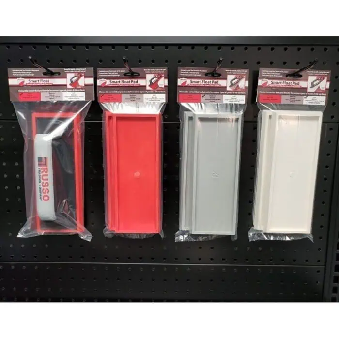 Flexible float pads and supports for pool maintenance, designed for durability and easy installation, available in bright red and neutral white colors for efficient float management.