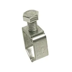 Metal pipe clamp with bolt and nut securing electrical conduit.