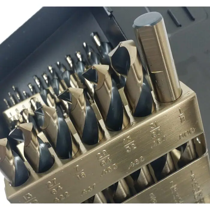 Hardened steel drill bits organized in a storage rack, featuring various sizes labeled for precision drilling, essential for industrial and manufacturing applications.