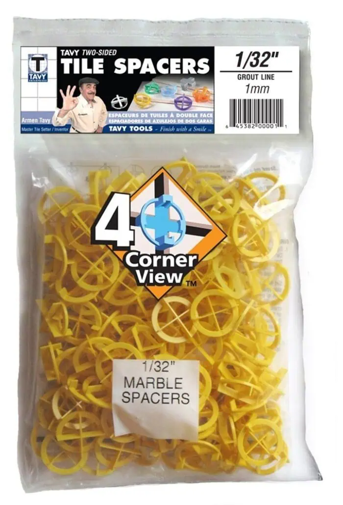 Yellow tile spacers for grout lines, 1/32-inch, designed for precise bathroom and kitchen tile installation, ensuring perfect corners and uniform grout joints.