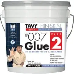 TAVY THIN-SKIN 007 Glue part 2 for TAVY THIN-SKIN Two-Part Underlayment System, 1-gallon container with label showing product details and a man making an OK gesture.