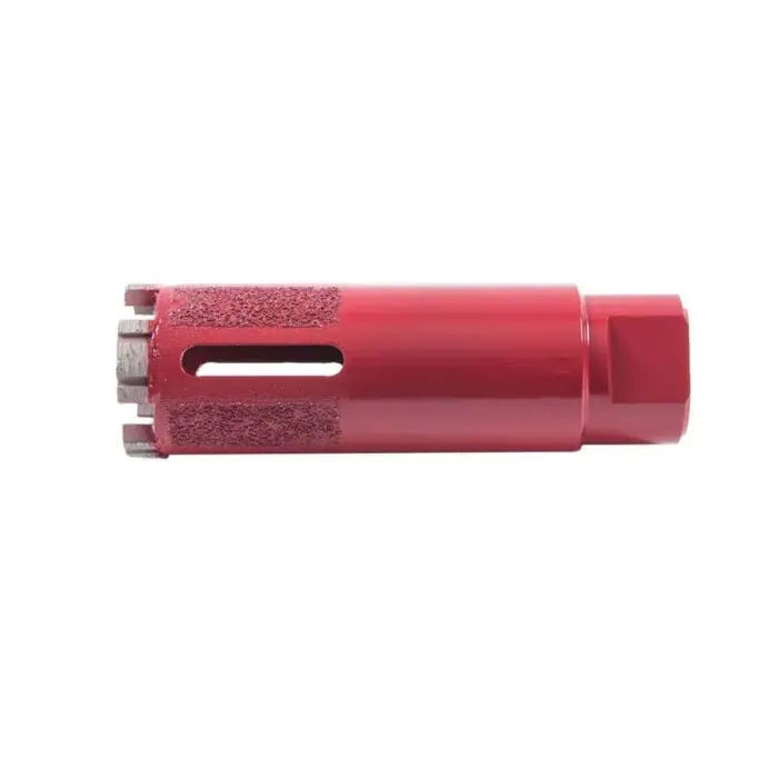 Red drill bit with carbide cutting head for concrete and masonry drilling.
