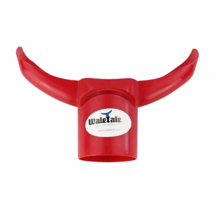Red Whale Tale safety toy with flexible tail for children, made of durable plastic, featuring the WaleTale logo, designed for imaginative play and safety education.