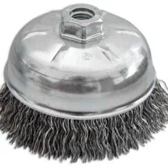 Stainless steel wire cup brush for industrial cleaning and surface preparation, featuring durable twisted wire bristles. Ideal for removing rust, paint, and debris in machinery and maintenance tasks.