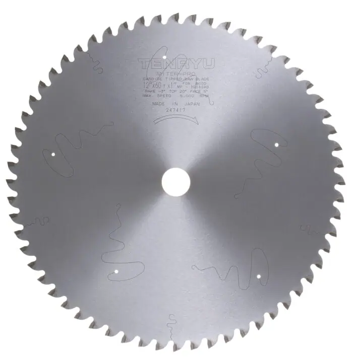 12-inch circular saw blade with sharp teeth and metallic finish, designed for cutting wood, featuring detailed specifications engraved on the blade surface.