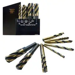 High-precision hole saw bits with gold and black coating, ideal for woodworking and metalworking tasks. Perfect for enlarging holes with professional results.