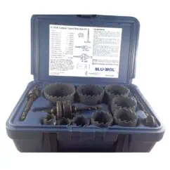 Carbide Tipped Hole Saw Kit with multiple sizes and accessories in a blue storage case for metal cutting and drilling.