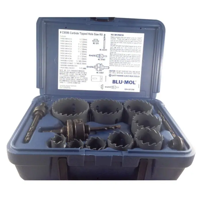 Carbide Tipped Hole Saw Kit with multiple sizes and accessories in a blue storage case for metal cutting and drilling.