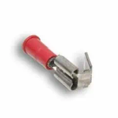 Red insulated terminal connector for electrical wiring and cable termination.