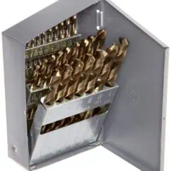 High-quality set of metal drill bits stored in a gray plastic case, perfect for construction, woodworking, and metalworking tasks. Durable and precise tools for all drilling needs.