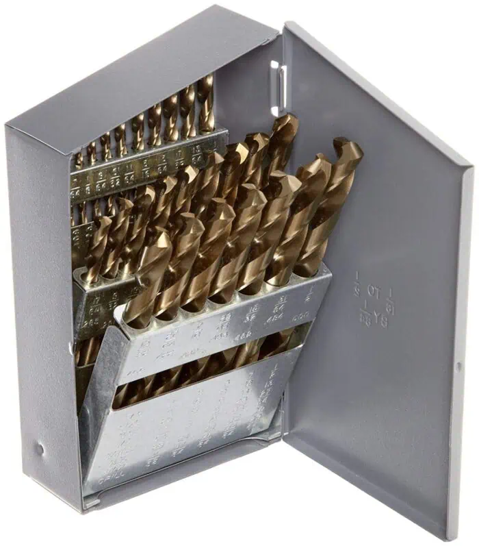 High-quality set of metal drill bits stored in a gray plastic case, perfect for construction, woodworking, and metalworking tasks. Durable and precise tools for all drilling needs.