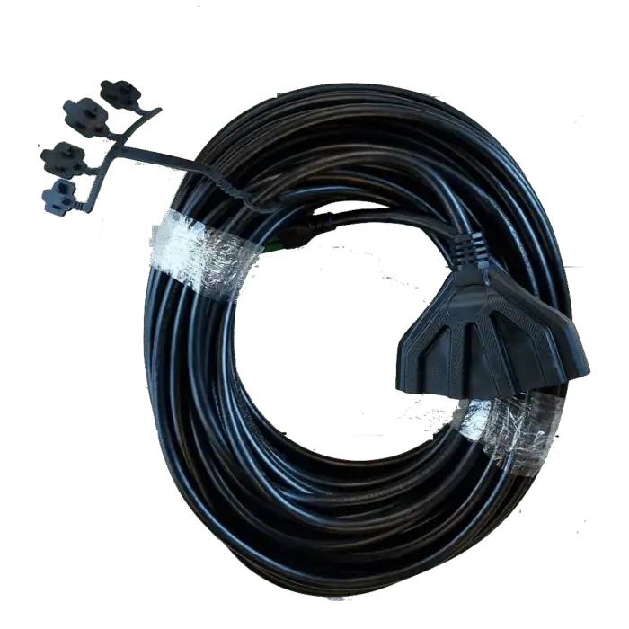 Heavy-duty black power extension cord with multiple outlets, designed for industrial and residential use, providing reliable power supply for various electrical devices.