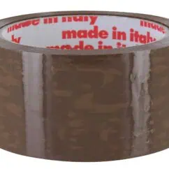 Heavy-duty brown adhesive tape roll for packaging or industrial use, with "made in Italy" branding on the inner liner.