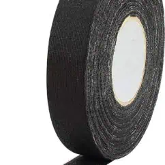 Black industrial adhesive tape roll for electrical and insulation purposes.