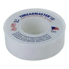 Half inch x 520 Threadmaster PTFE tape for plumbing, gas, and pipe sealing, meets UL safety standards, suitable for gas and natural gas applications, designed for threaded metal pipe joints.