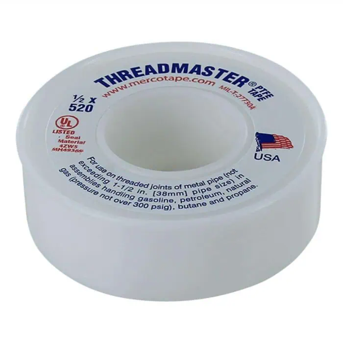 Half inch x 520 Threadmaster PTFE tape for plumbing, gas, and pipe sealing, meets UL safety standards, suitable for gas and natural gas applications, designed for threaded metal pipe joints.