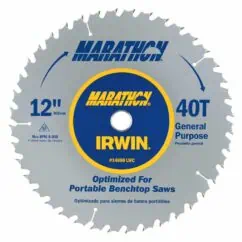 12-inch portable benchtop circular saw blade for cutting various materials, featuring Marathon and IRWIN branding, optimized for use with portable saws for woodworking projects.