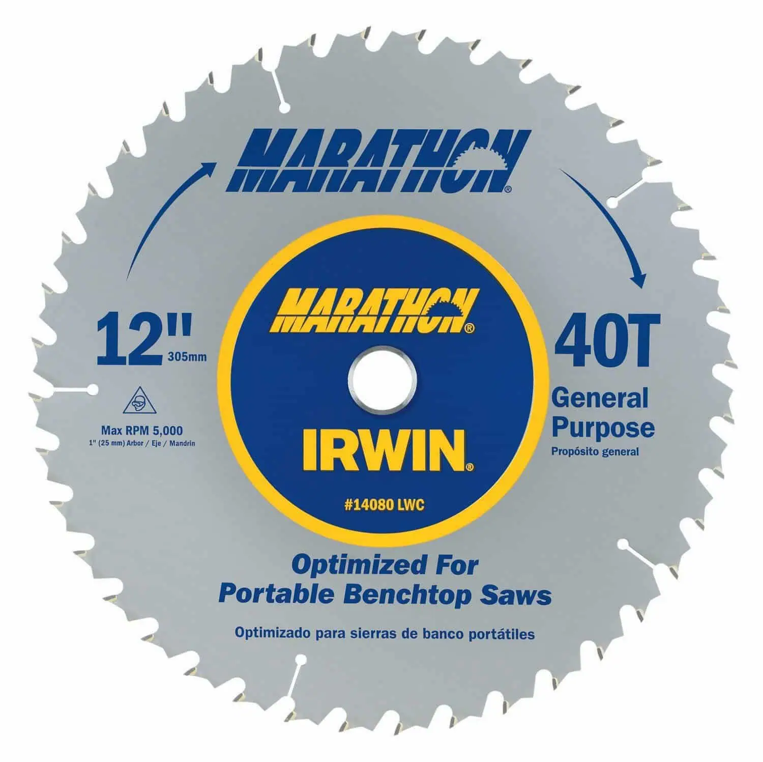 12-inch portable benchtop circular saw blade for cutting various materials, featuring Marathon and IRWIN branding, optimized for use with portable saws for woodworking projects.