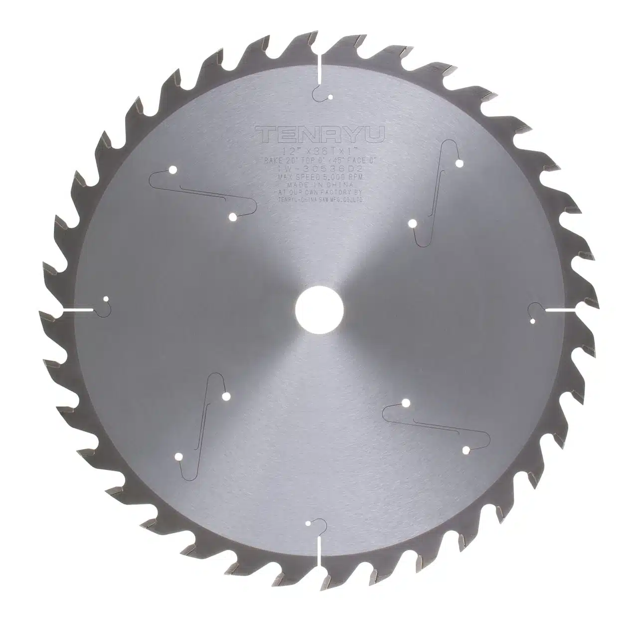 Arm or circular saw blade with sharp teeth, metallic finish, branded with "TENRYU," used for woodworking or cutting materials, high-precision industrial cutting tool, designed for professional use.