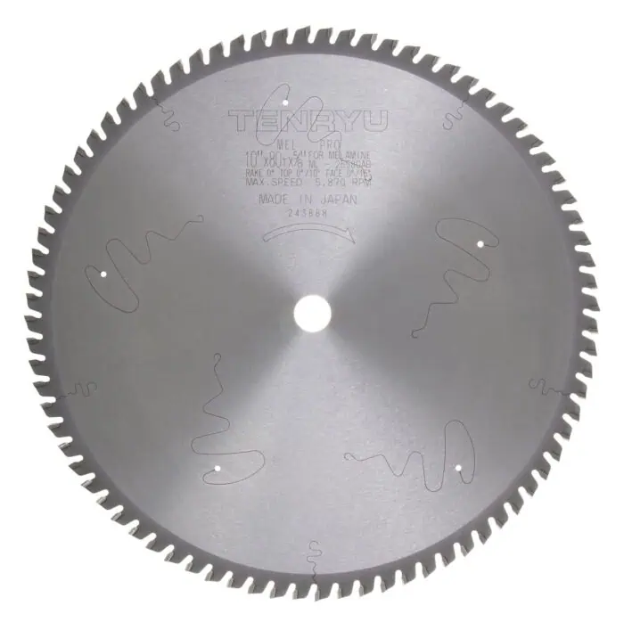 Precision circular saw blade with detailed specifications, ideal for woodworking and cutting applications, made in Japan, featuring high-speed performance and durable construction.