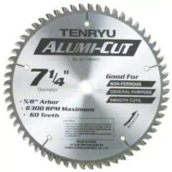 7 1/4 inch diameter aluminum saw blade for woodworking, non-ferrous cutting, with 60 teeth, 5/8 inch arbor, 8300 RPM maximum, ideal for smooth cuts and general purpose use.